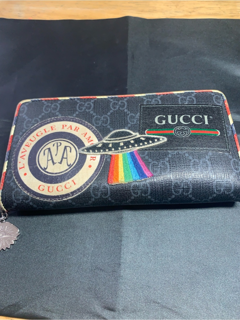 Gucci Black Monogram Wallet with Rainbow UFO Embroidery